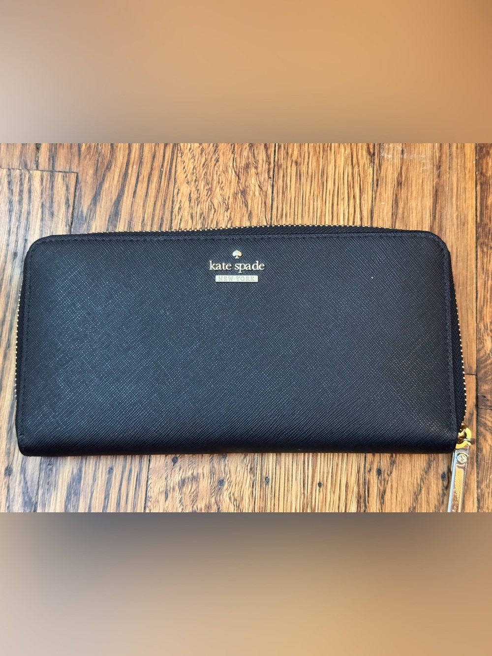 kate spade black zip-around men's wallet with gold logo